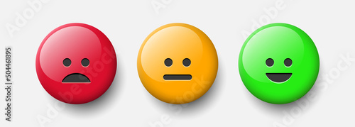 Rating scale or pain scale in the form of emoticons. 
Three smileys. From red to green smiley. Vector clipart isolated on white background.