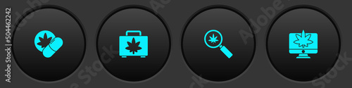 Set Herbal ecstasy tablets, Shopping box of marijuana, Magnifying glass and and Monitor or cannabis icon. Vector