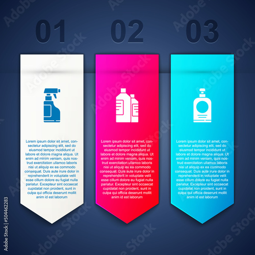 Set Spray bottle with detergent liquid, Bottles for cleaning agent and Hand sanitizer. Business infographic template. Vector