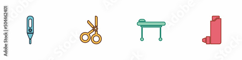 Set Medical digital thermometer, scissors, Stretcher and Inhaler icon. Vector