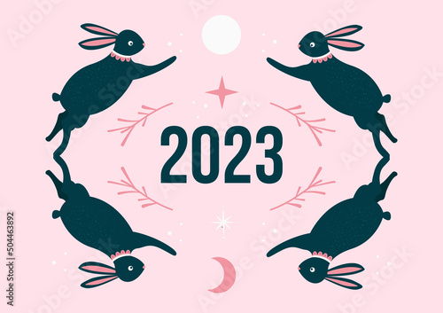 Vintage print Bunny rabbit vector flat illustration. New year rabbit seamless pattern. Magic Symbol 2023 year. Happy New year banner template year of the rabbit zodiac for decoration