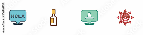 Set Hola, Tabasco sauce, Mexican sombrero and Sun icon. Vector