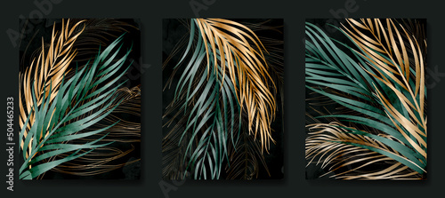 Luxury tropical background with palm leaves in gold and green. Botanical poster with watercolor leaves in art line style for decor, design, wallpaper, packaging