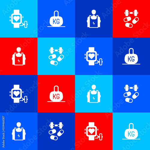 Set Smart watch with heart, Weight, Bodybuilder and Sports doping dumbbell icon. Vector