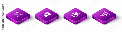 Set Isometric Bench with barbell, Towel on hanger, Sweaty sleeveless t-shirt and Gymnastic rings icon. Vector