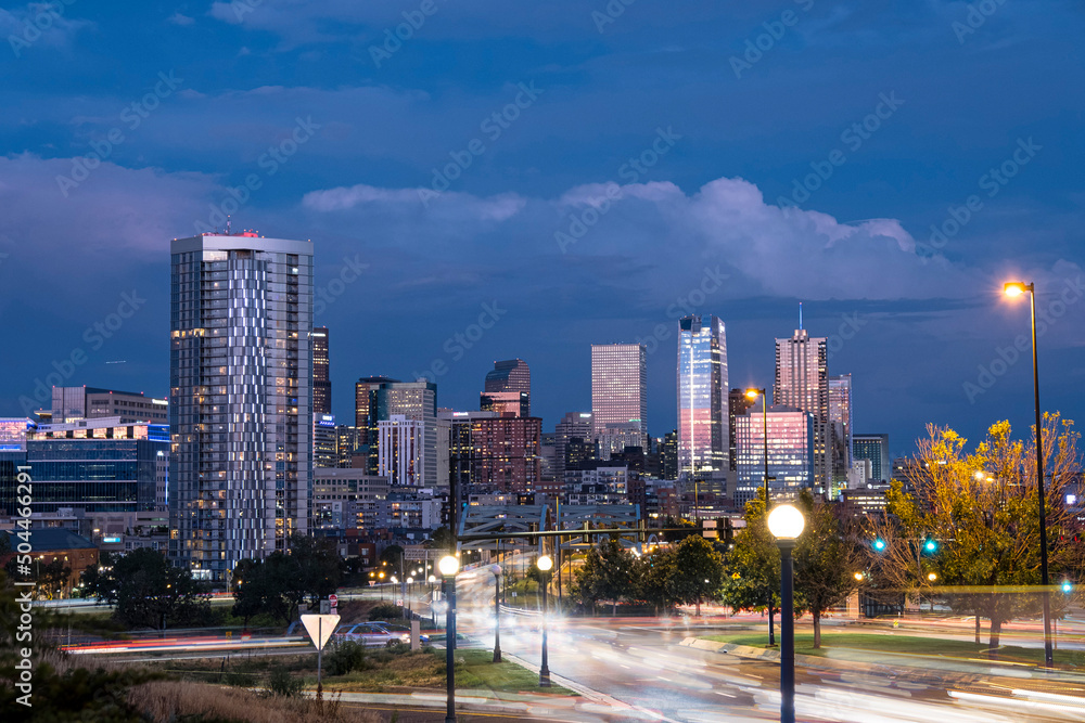 Fototapeta premium Downtown Denver Skyline at Dusk with Light Trails, Colorado