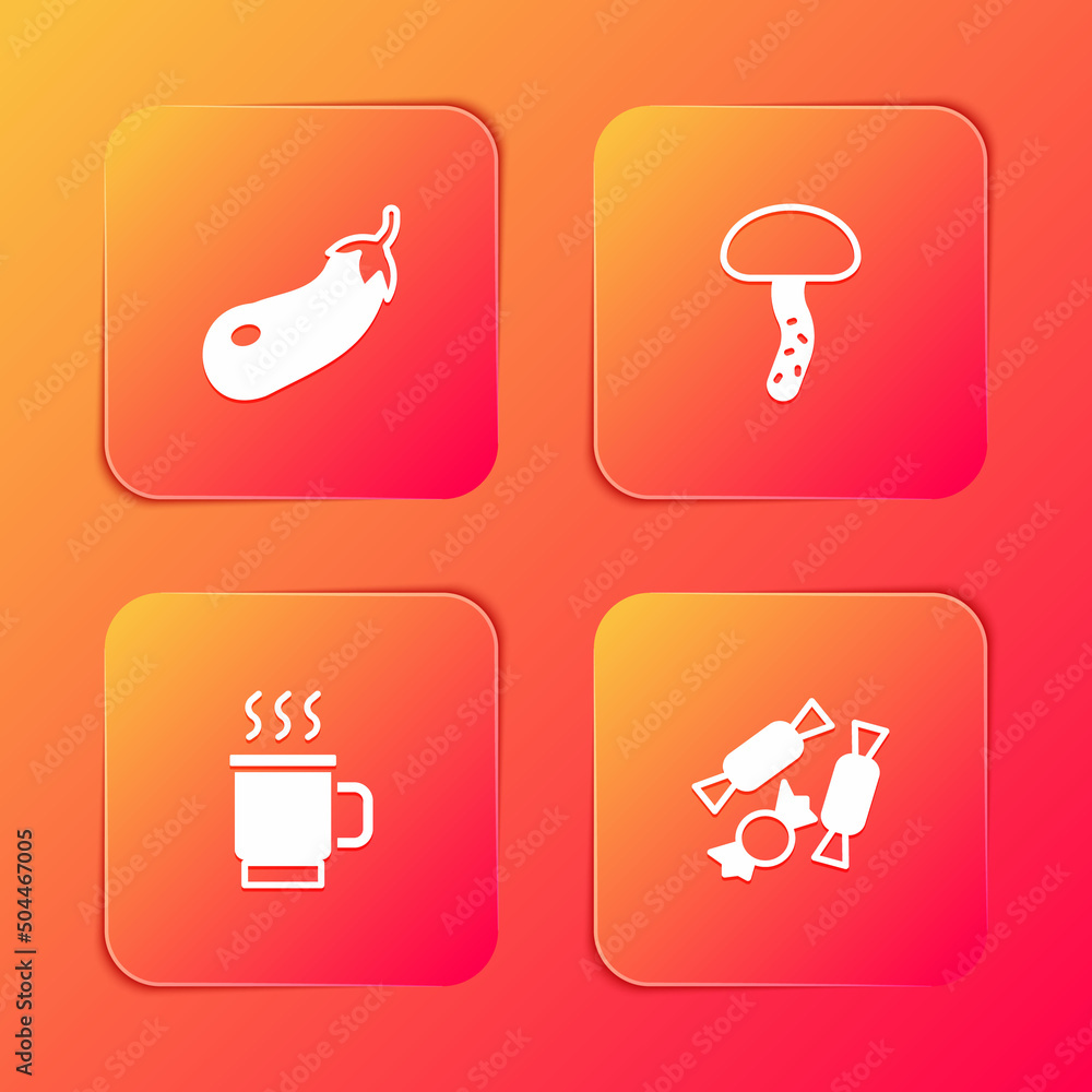 Set Eggplant, Mushroom, Cup of tea and Candy icon. Vector