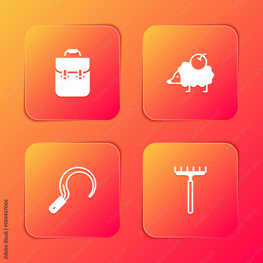 Set School backpack, Hedgehog, Sickle and Garden rake icon. Vector Set School backpack, Hedgehog, Sickle and Garden rake icon. Vector