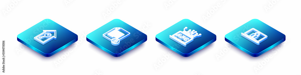 Set Isometric line Retro wall watch, Document and lock, Computer api interface and Laptop icon. Vector Set Isometric line Retro wall watch, Document and lock, Computer api interface and Laptop icon. Vector