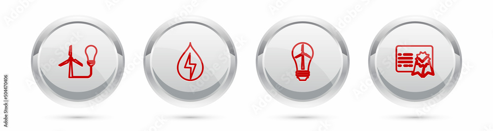 Set line Light bulb with wind turbine, Water energy, and Certificate template. Silver circle button. Vector Set line Light bulb with wind turbine, Water energy, and Certificate template. Silver circle button. Vector