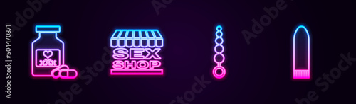 Set line Bottle with pills for potency, Sex shop building, Anal beads and Dildo vibrator. Glowing neon icon. Vector