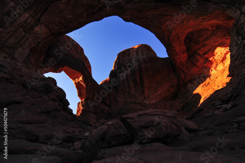 Sunset at Double Arch, Arches National Park, Moab, Utah, Southwest USA