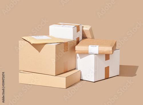 Stack of parcels in paper packages photo