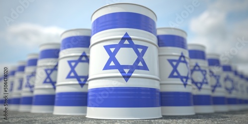 Barrels or oil drums with flag of Israel. Petroleum or chemical industry related 3D rendering