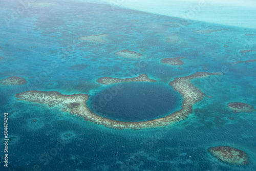 Aerial view of the Great Blue Hole, Belize photo