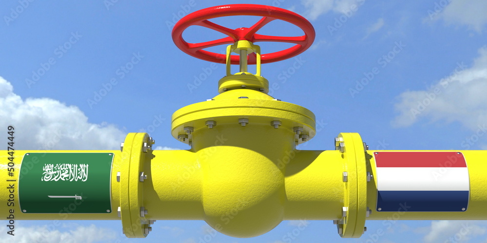 SAUDI ARABIA NETHERLANDS gas or oil transit concept. Pipe with valve, 3D rendering SAUDI ARABIA NETHERLANDS gas or oil transit concept. Pipe with valve, 3D rendering