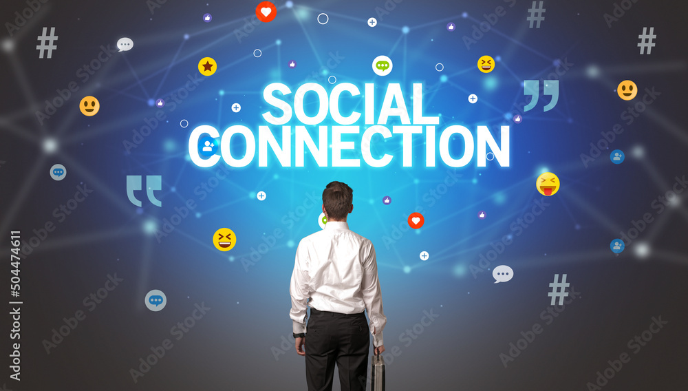 Rear view of a businessman, social media concept Rear view of a businessman, social media concept