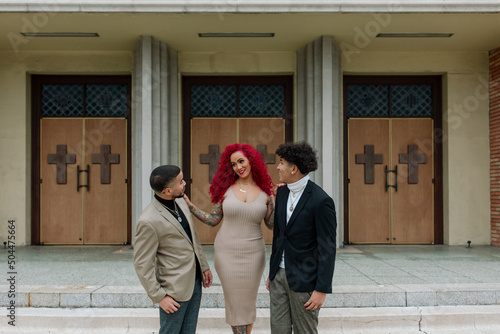 Stunning mom and sons on church steps photo