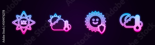 Set line UV protection, Thermometer and cloud, sun, and moon. Glowing neon icon. Vector