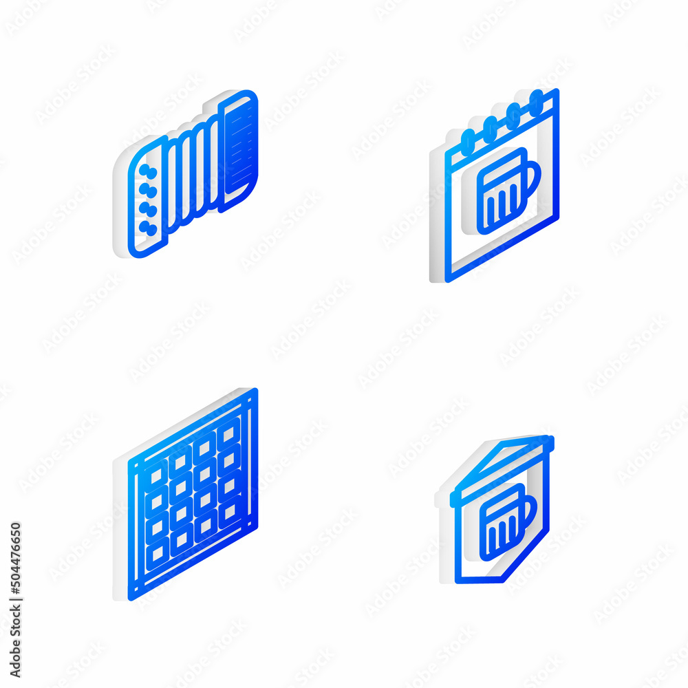 Set Isometric line Saint Patricks day calendar, Accordion, Checkered napkin and Signboard with glass of beer icon. Vector Set Isometric line Saint Patricks day calendar, Accordion, Checkered napkin and Signboard with glass of beer icon. Vector