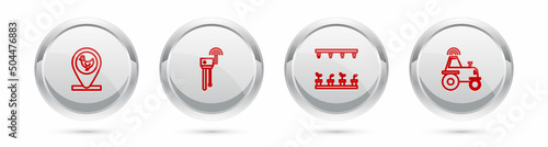 Set line Chicken farm and location, Router wi-fi signal, Automatic irrigation sprinklers and Wireless tractor smart. Silver circle button. Vector