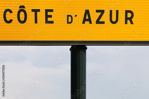 French rivera called Cote d'Azur in French language road sign direction