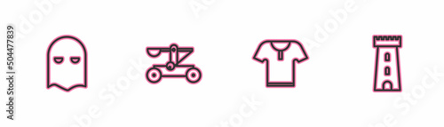 Set line Executioner mask, Body armor, Catapult shooting stones and Castle tower icon. Vector