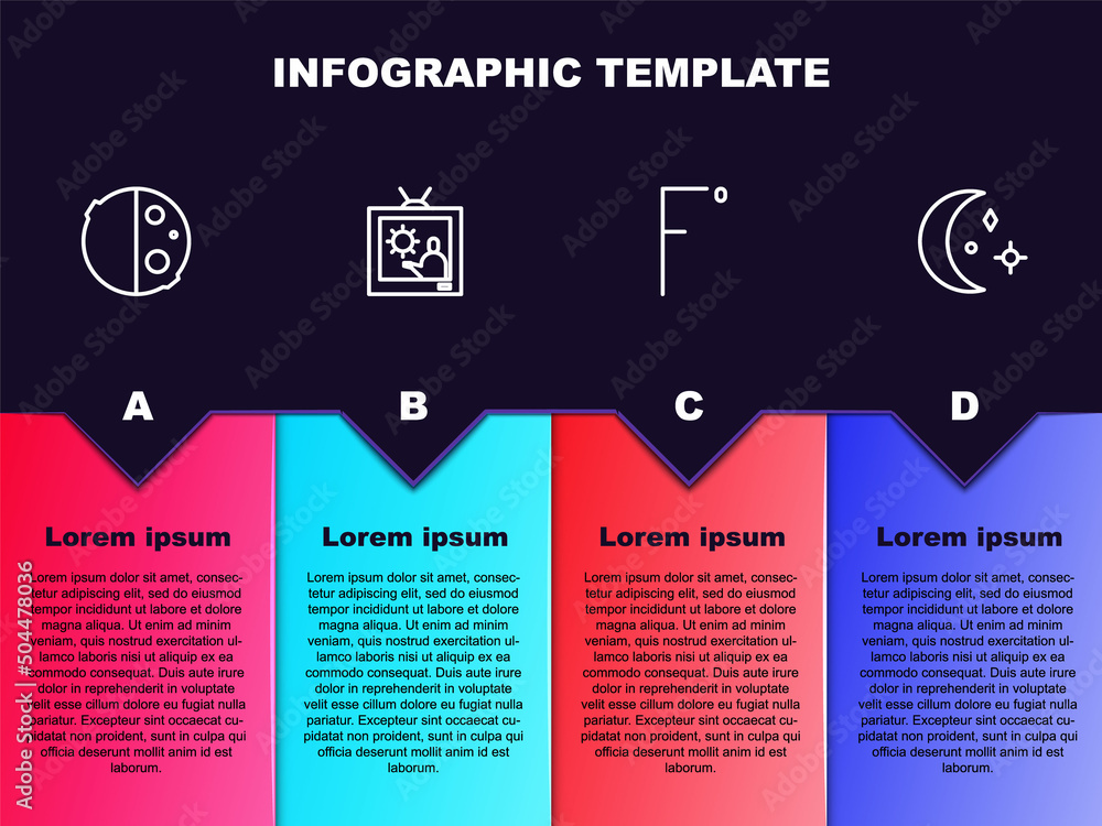 Set line Eclipse of the sun, Weather forecast, Fahrenheit and Moon and stars. Business infographic template. Vector
