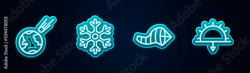 Set line Comet falling down fast, Snowflake, Cone meteorology windsock wind vane and Sunset. Glowing neon icon. Vector