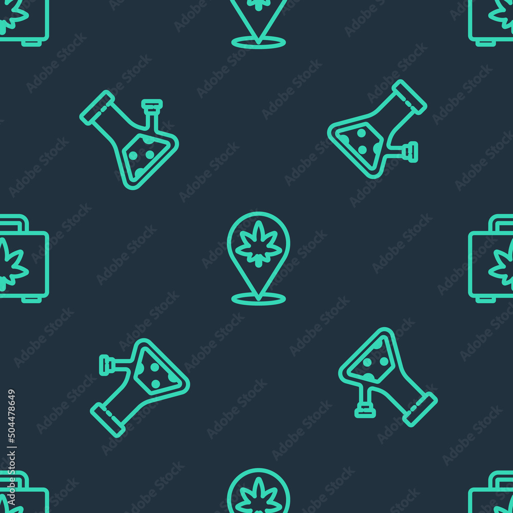 Set line Location and marijuana, Glass bong for smoking cannabis and Shopping box of on seamless pattern. Vector Set line Location and marijuana, Glass bong for smoking cannabis and Shopping box of on seamless pattern. Vector