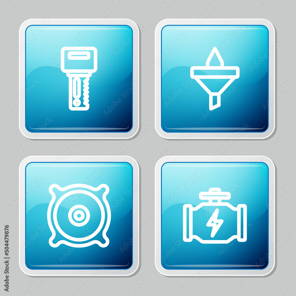 Set line Car key with remote, Funnel and oil drop, audio speaker and Check engine icon. Vector Set line Car key with remote, Funnel and oil drop, audio speaker and Check engine icon. Vector