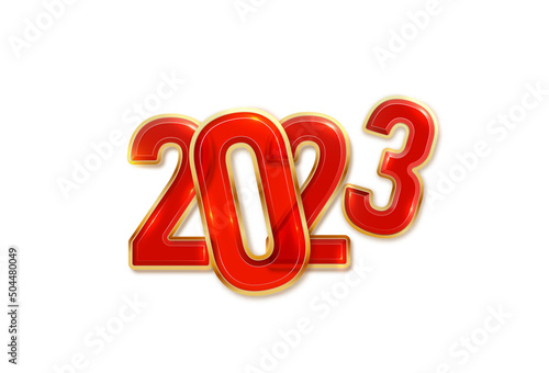 Happy New Year 2023. Festive vector illustration 2023 golden red transparent sparkling numbers. Realistic 3d sign. Festive poster or banner design photo