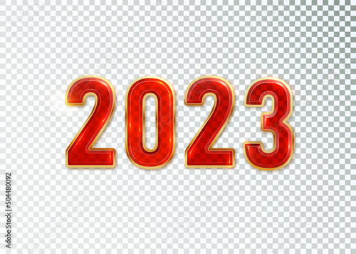 Happy New Year 2023. Festive vector illustration 2023 golden red transparent sparkling numbers. Realistic 3d sign. Festive poster or banner design