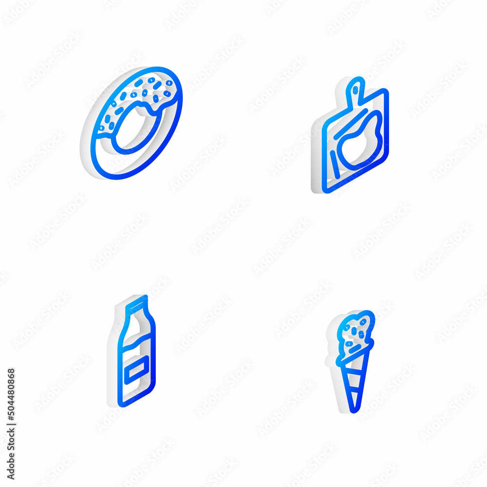 Set Isometric line Cutting board, Donut, Bottle with milk and Ice cream waffle cone icon. Vector Set Isometric line Cutting board, Donut, Bottle with milk and Ice cream waffle cone icon. Vector