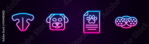 Set line Cat nose, Dog, Clinical record pet and . Glowing neon icon. Vector