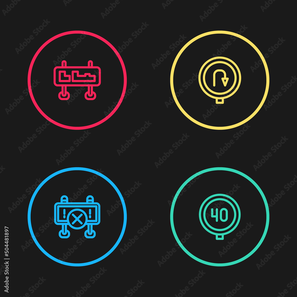 Set line Road barrier, Speed limit traffic, Turn back road sign and icon. Vector Set line Road barrier, Speed limit traffic, Turn back road sign and icon. Vector
