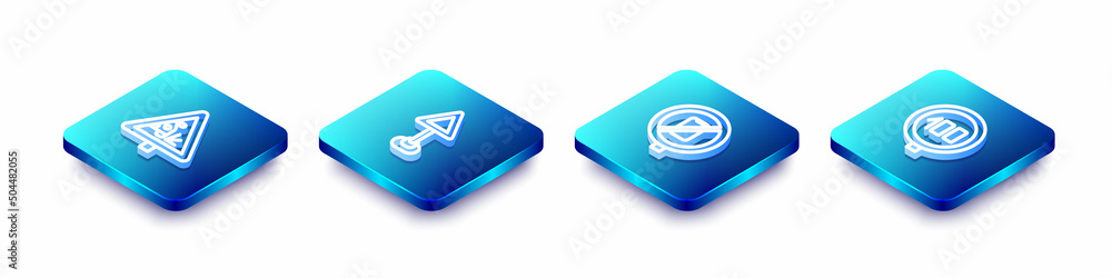 Set Isometric line Warning road sign, Triangle warning blank, No cell phone and Speed limit traffic icon. Vector Set Isometric line Warning road sign, Triangle warning blank, No cell phone and Speed limit traffic icon. Vector