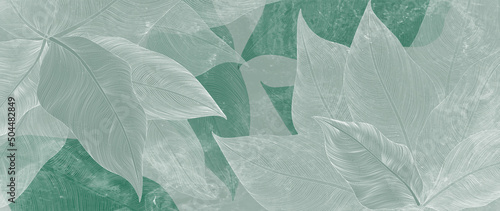 Tropical art background with a pattern of leaves in art line style in white color. Botanical luxury background with banana leaves for wallpaper, packaging, decor, interior design