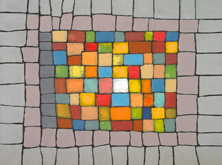an abstract painting; a brightly colored irregular grid.