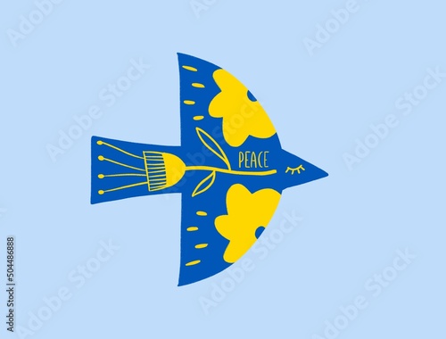 Peace bird against war on blue and yellow illustration photo