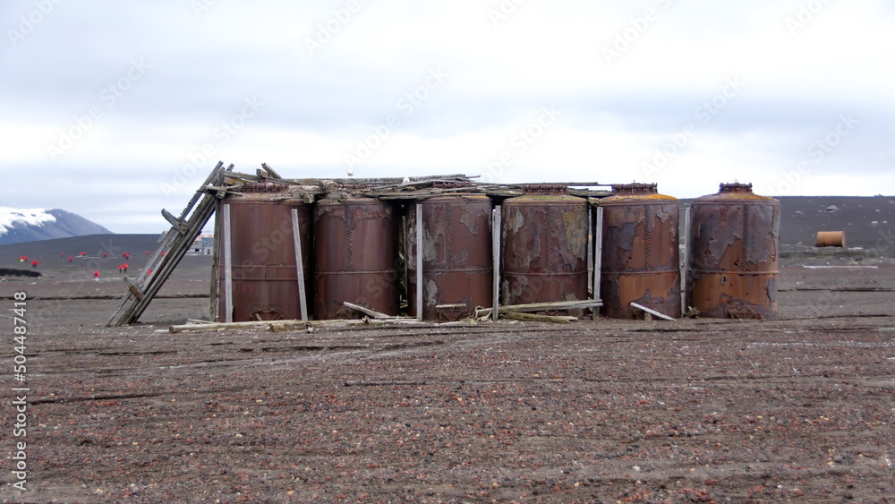 Old, rusted whale oil boilers at Whaler's Bay on Deception Island, South Shetland Islands, Antarctica Old, rusted whale oil boilers at Whaler's Bay on Deception Island, South Shetland Islands, Antarctica