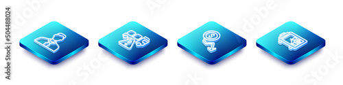 Set Isometric line Worker, Stop delivery cargo truck, Dollar rate decrease and Safe icon. Vector