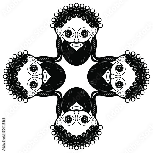 Square cross design with four bearded male heads or masks. Ancient Greek god of wine Dionysus or Bacchus. Black and white silhouette.