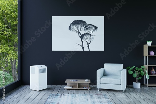 mobile air conditioning in a room with an armchair and a window