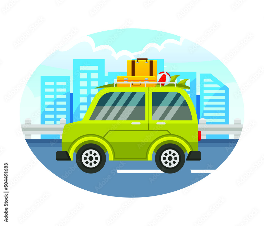 Friends travel by car on summer holidays. Happy people and dog in van during summertime road trip. Man, women and doggy in caravan on vacation. Flat vector illustration isolated on white background