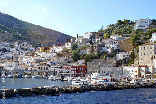 Town on the hill above the harbor on Hydra, Greek Isles