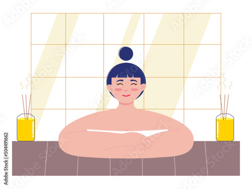 Young woman enjoying soaking in warm water. Relaxed and happy face. Spa vector illustration.	