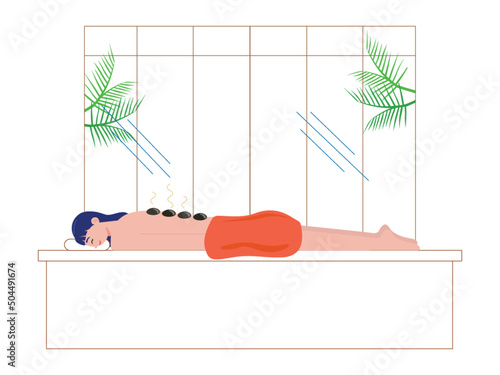 Woman enjoying warm stone massage during spa treatment. Relaxing treatment. Spa vector illustration.