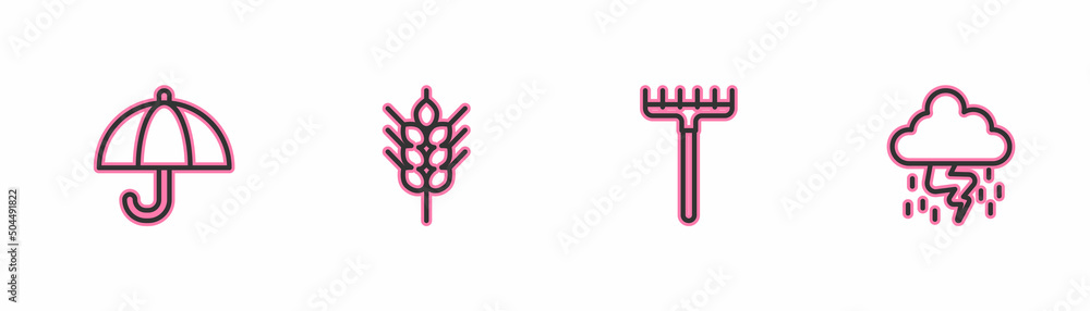Set line Umbrella, Garden rake, Wheat and Storm icon. Vector Set line Umbrella, Garden rake, Wheat and Storm icon. Vector
