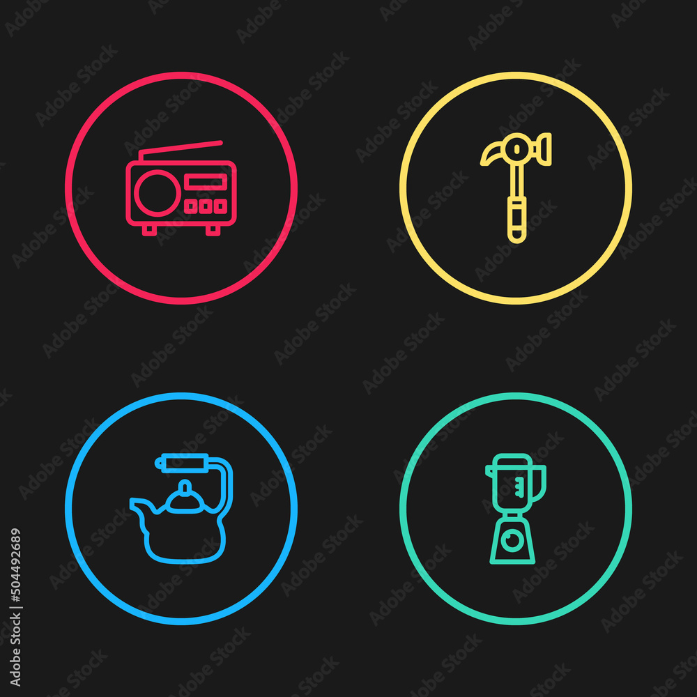 Set line Kettle with handle, Blender, Hammer and Radio icon. Vector Set line Kettle with handle, Blender, Hammer and Radio icon. Vector